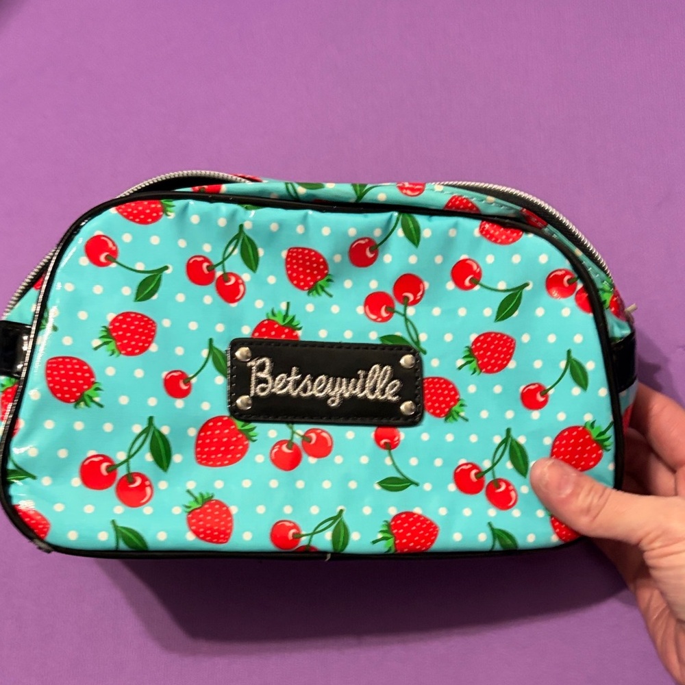 Betsey Johnson makeup Bag with Cherry and Strawberry Print - Aqua